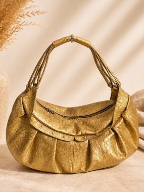 Charlie Lapson Gold Metallic Croc Embossed Shoulder Bag Slouchy Boho Chic